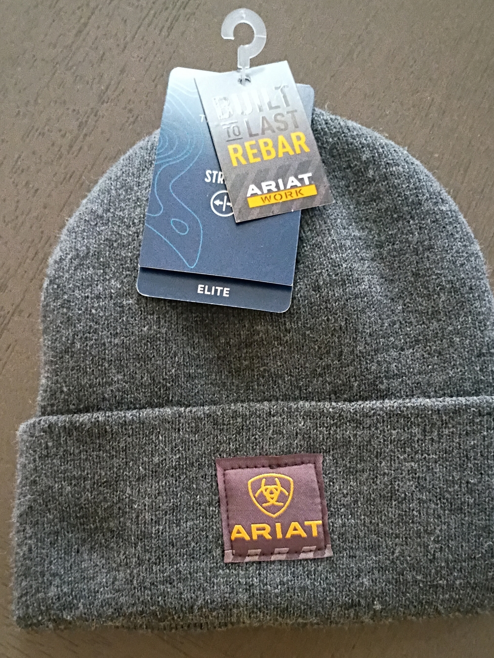 Ariat Gray Knit Cuffed Beanie with Yellow Logo Patch